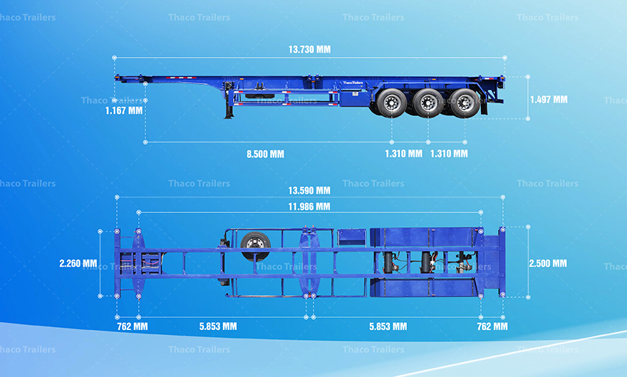 Kích thước và khả năng chịu tải của mooc xương 45 feet 3 trục