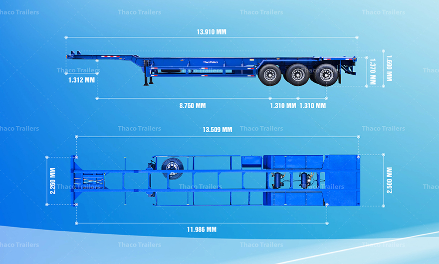 Kích thước tổng thể mooc cổ cò 45’ 3 trục 6 khóa
