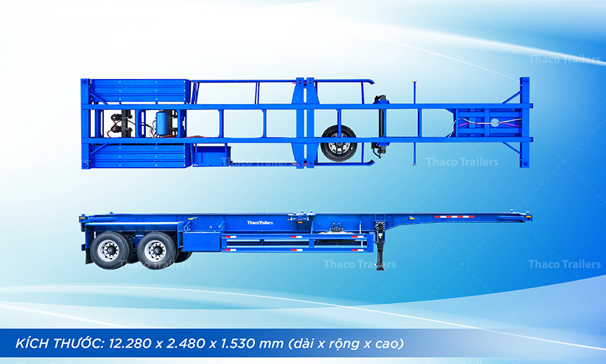 Kích thước tổng thể của sơ mi rơ moóc xương 40 feet 2 trục 8 khóa 12.280 × 2.480 × 1.530 mm