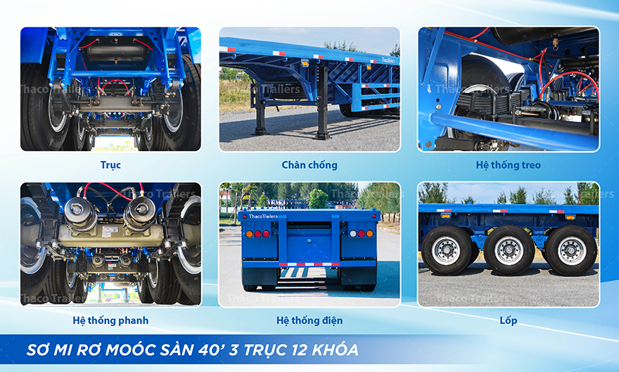 Sơ mi rơ moóc sàn 40 feet 3 trục 12 khóa có kết cấu vững chắc, vận hành bền bỉ.