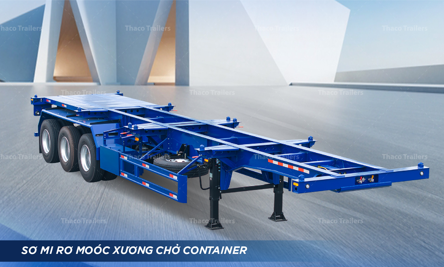 Moóc xương chở container có khung thép cường độ cao, chịu tải đến 35 tấn.