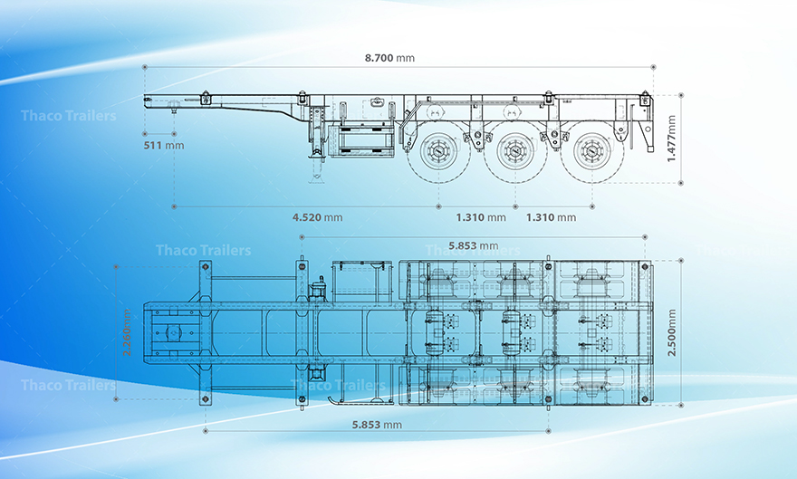Kích thước tiêu chuẩn của sơ mi rơ mooc 20 feet 3 trục 8 khóa.