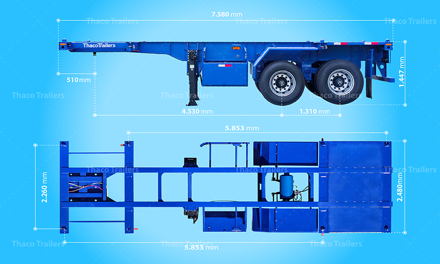 mooc xương 20 feet 2 trục 8 khóa là sơ mi rơ mooc tải trọng cao giúp tối ưu vận chuyển container