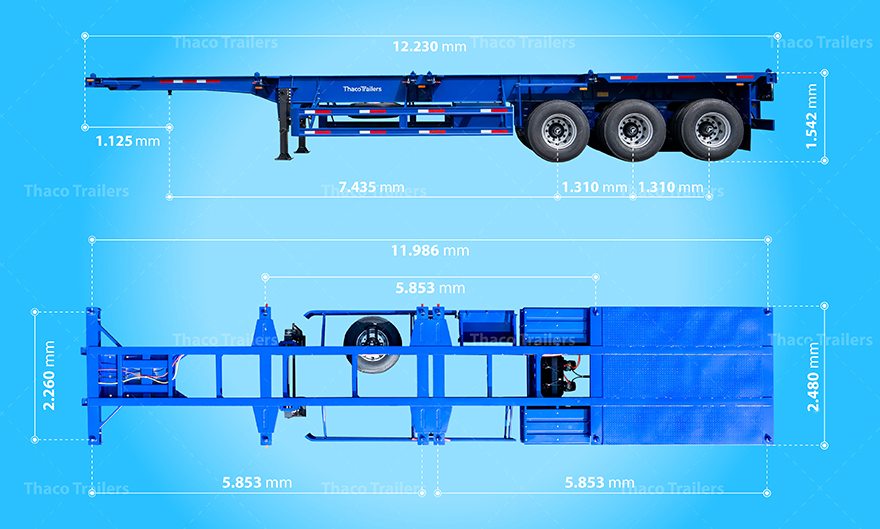 Sơ mi rơ moóc xương 40 feet 3 trục 12 khóa với tải trọng chuyên chở lên đến 33 tấn