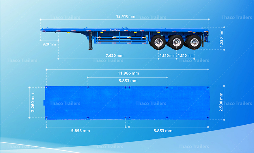 Sơ mi rơ moóc sàn 40 feet 3 trục 8 khóa có tải trọng chuyên chở 32,5 tấn