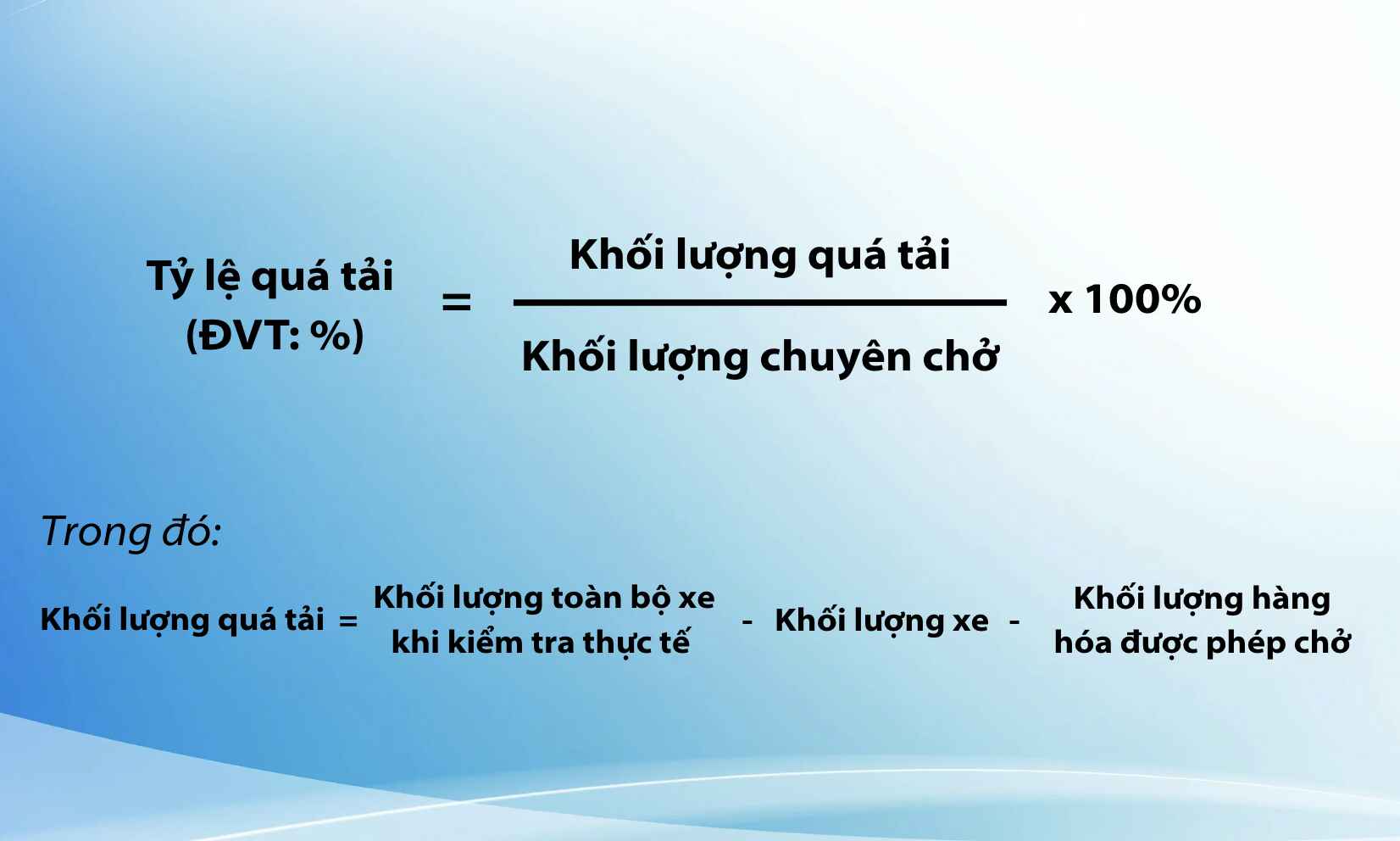 Công thức tính tỷ lệ % xe quá tải và khối lượng hàng quá tải